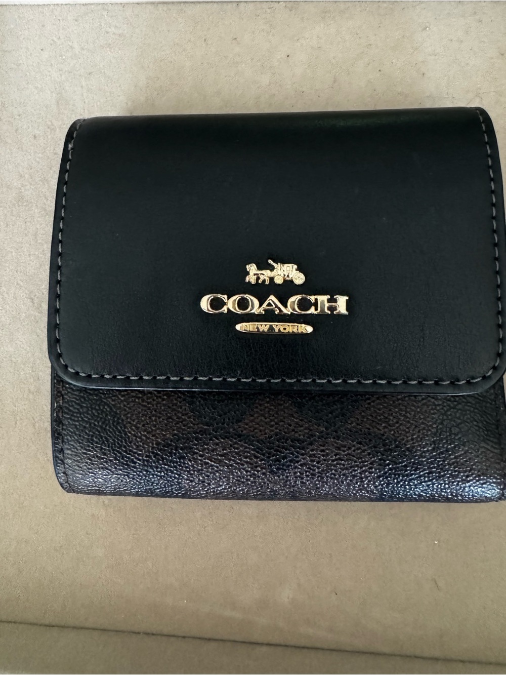 Coach Signature Canvas Black Leather Small Snap Wallet Gold Hardware